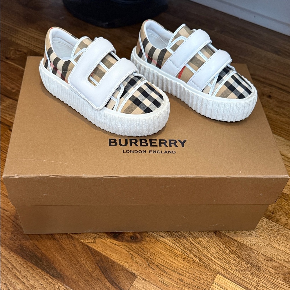Burberry Kids Beige Check White Velcro Sneakers